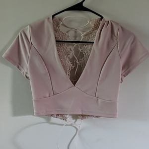 Pink lace & tie crop top